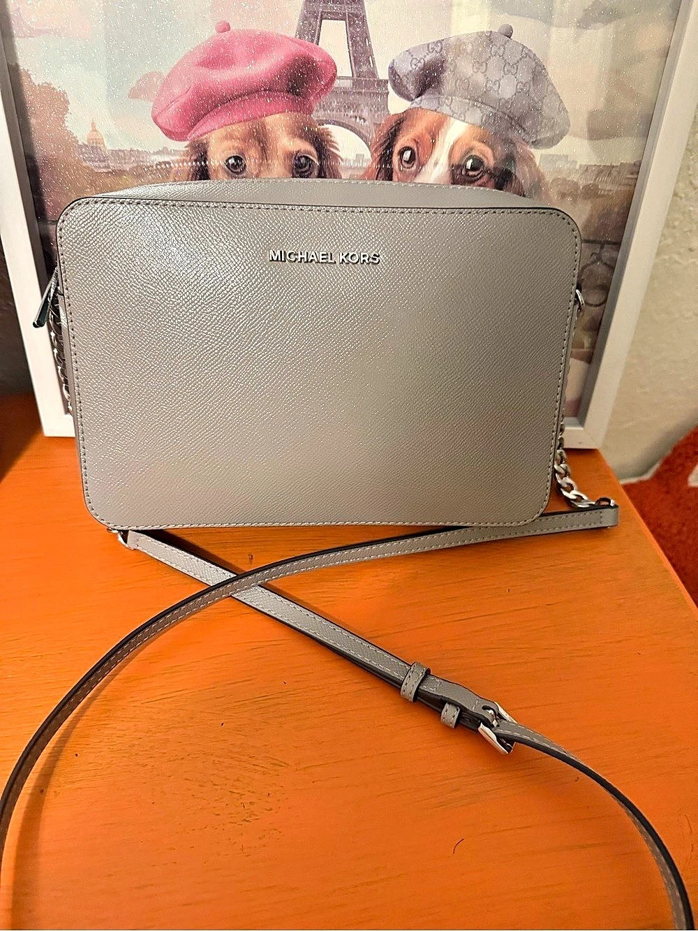 Michael Kors Jet Set Large Saffiano Leather Crossbody Bag Gray VGUC